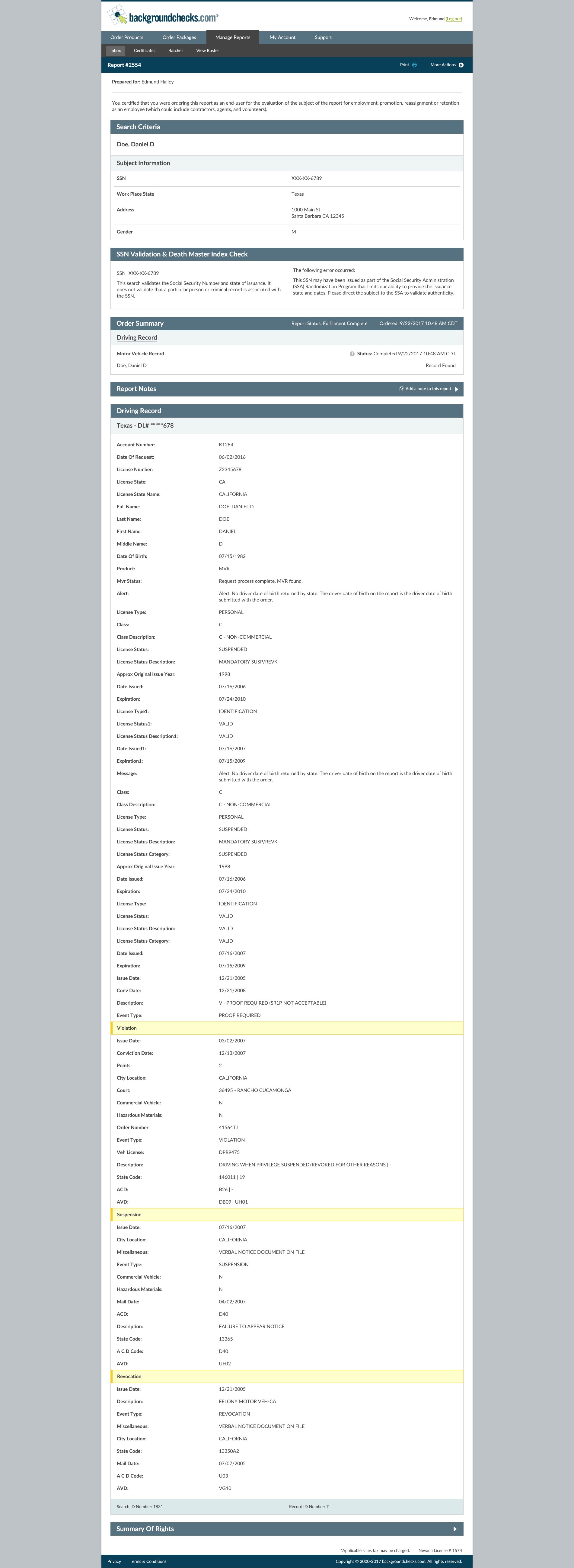 Driving Record Report from the state Motor Vehicle Department